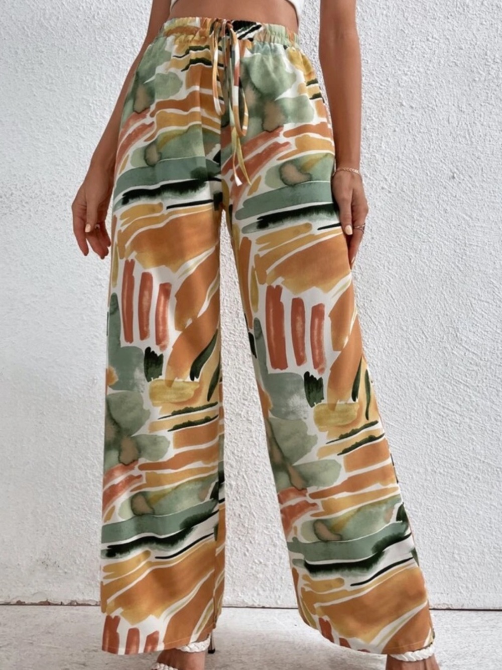 Wide-Leg Abstract Print Drawstring Pants - Green/Gold/Tan